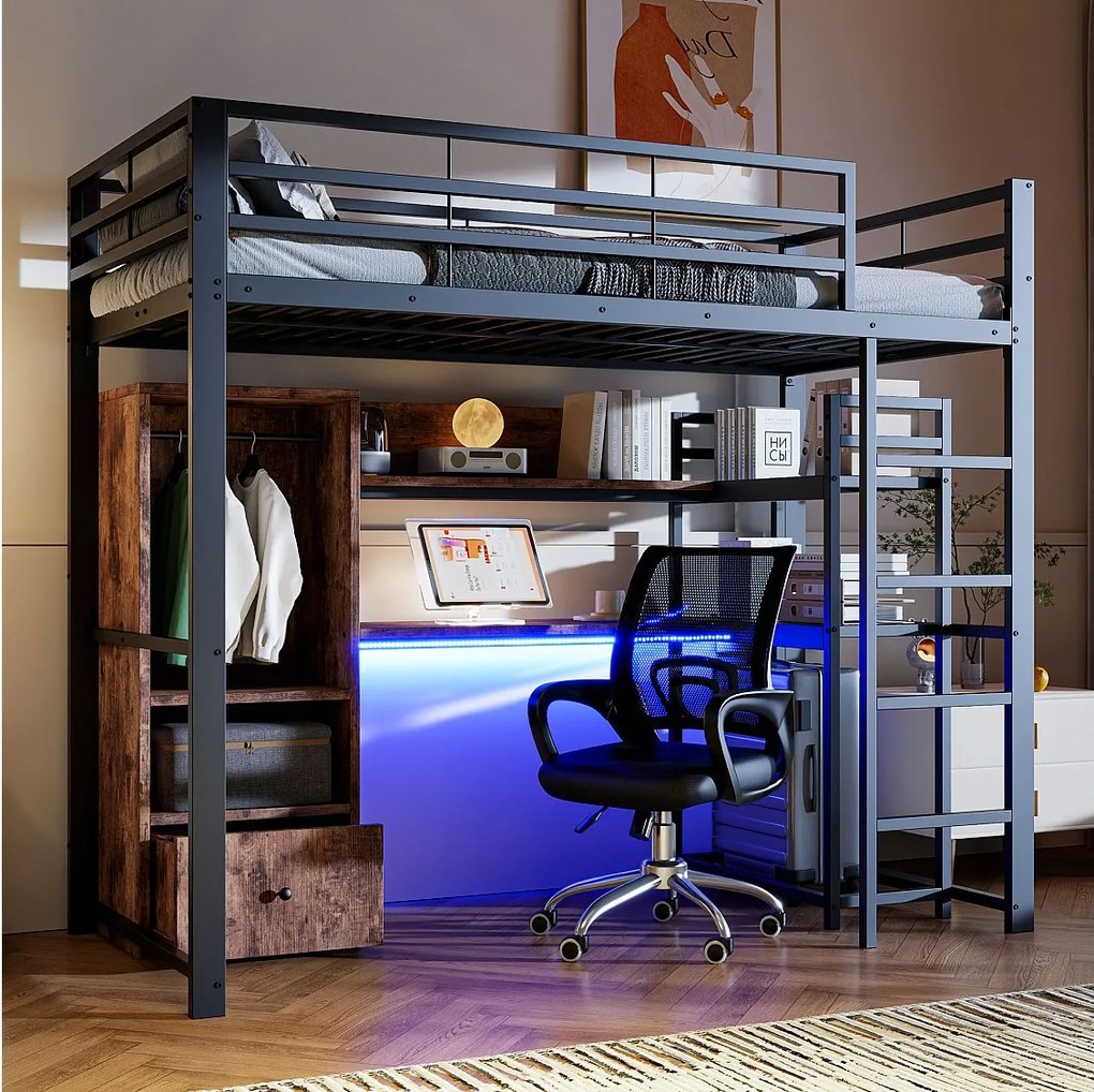 Łóżko piętrowe dla dzieci - 90 x 200 cm - z szafą + LED + biurko + 1 szuflada - MDF + metal - czarne