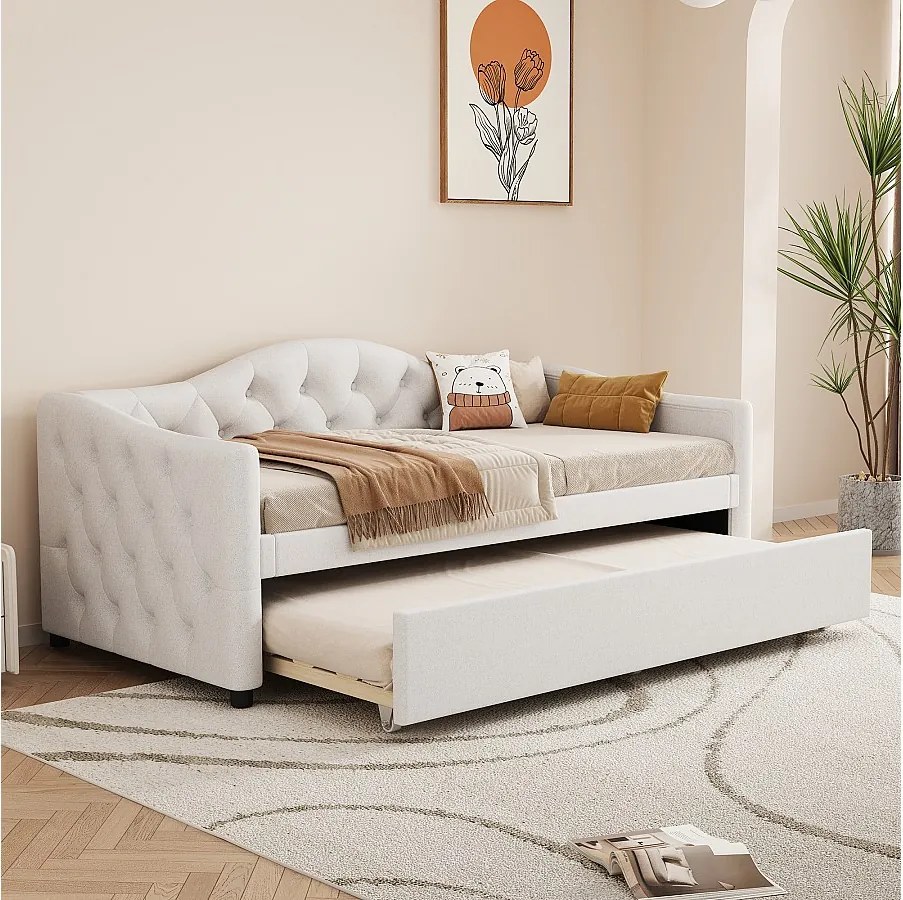 Łóżko wysuwane 90 x 200 cm + łóżko 90 x 190 cm, sofa rozkładana - tkanina lniana - kolor beżowy (bez materaca)