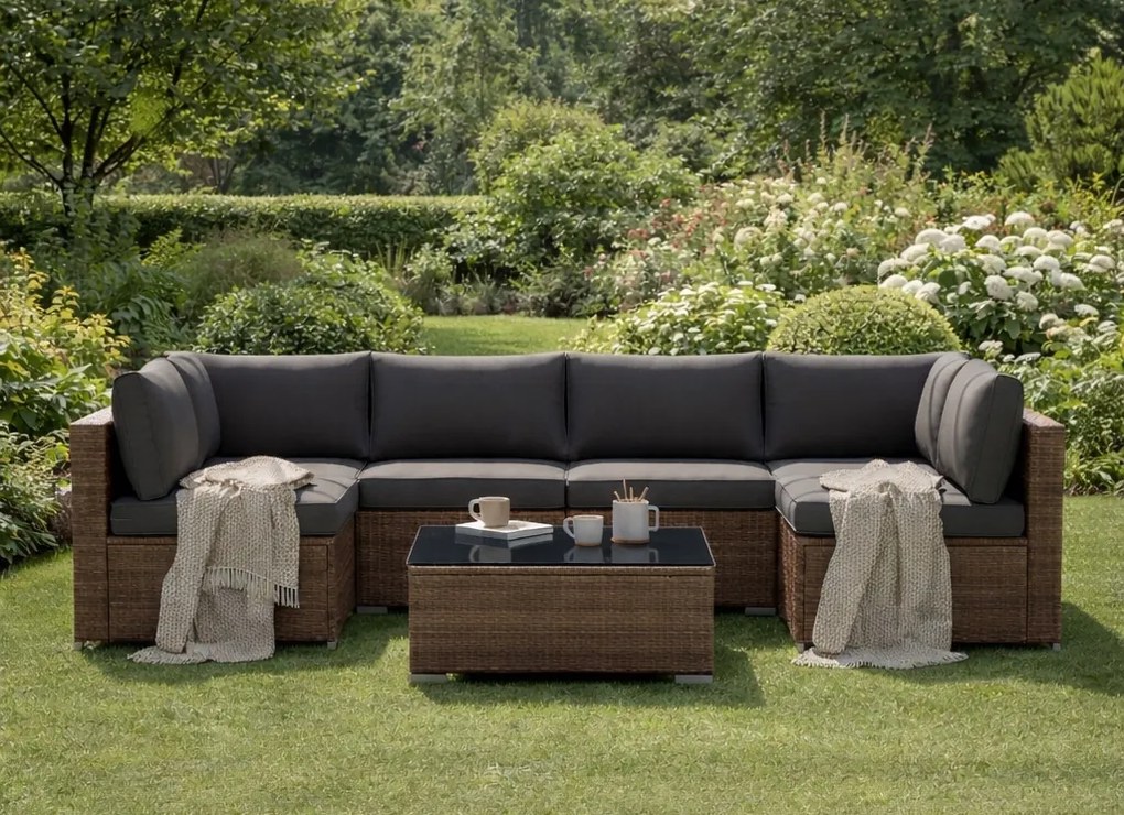 Modułowy narożnik ogrodowy Caldoro technorattan, jasny brąz, poduszki szare