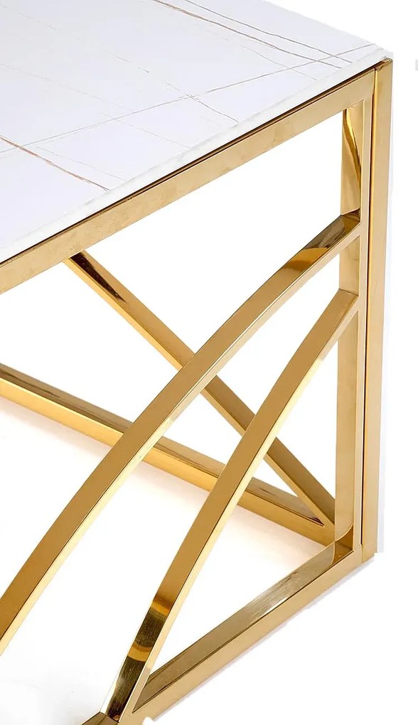 Złota ława glamour z blatem bialy marmur - Goldea 2X