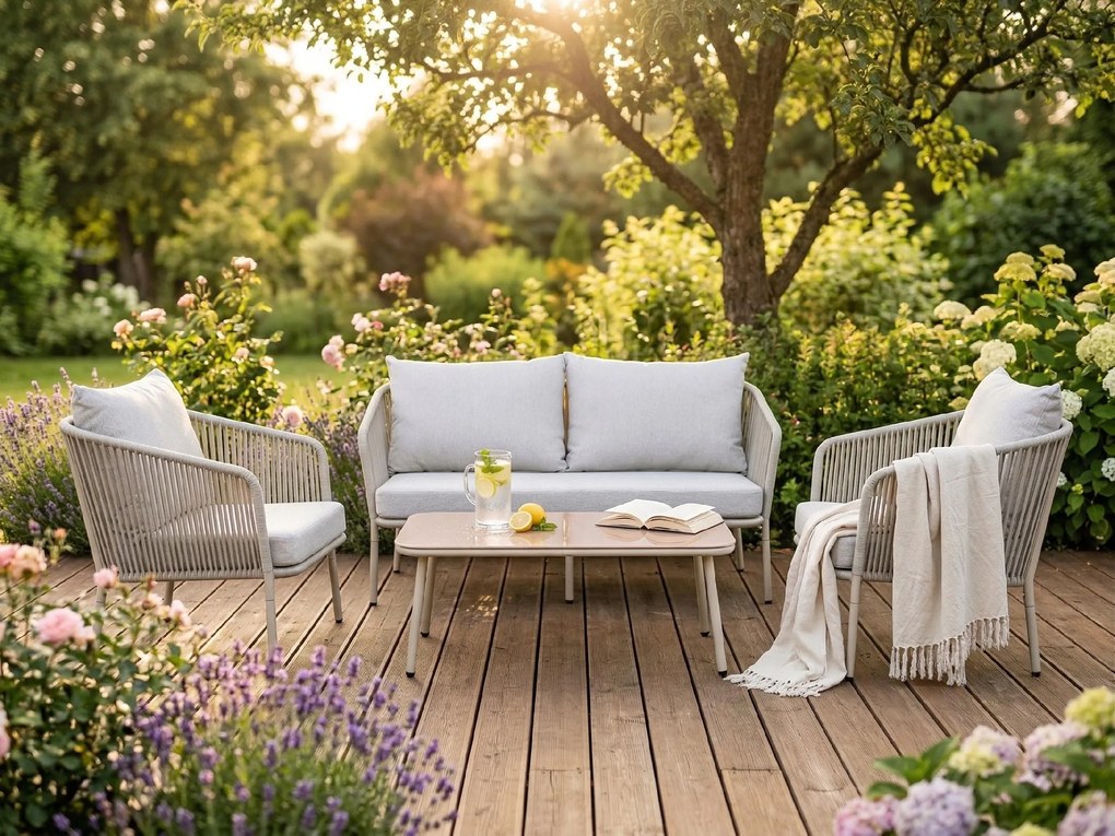 Zestaw mebli ogrodowych beżowy aluminium sofa fotele stolik sznurowanie