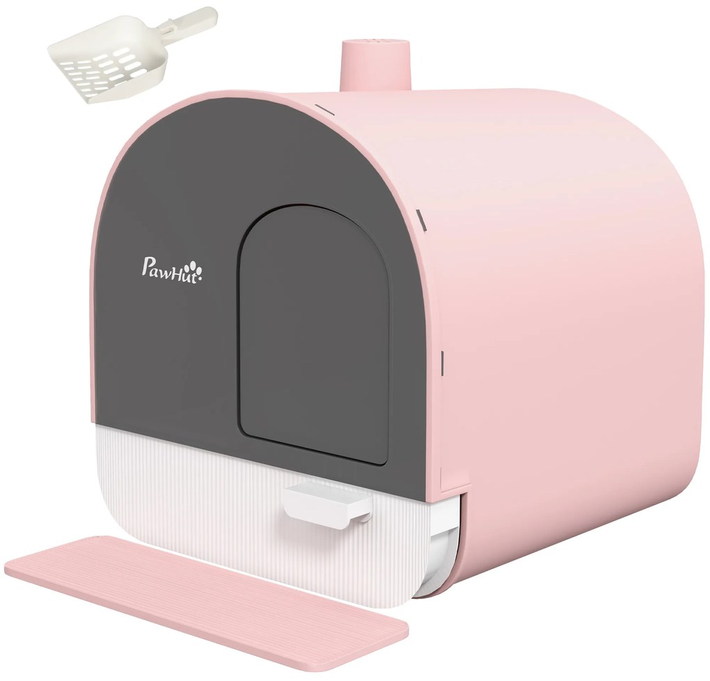 PawHut Kuweta z pokrywą, łopatką, matą łapie-żwirek, plastik, różowy/czarny