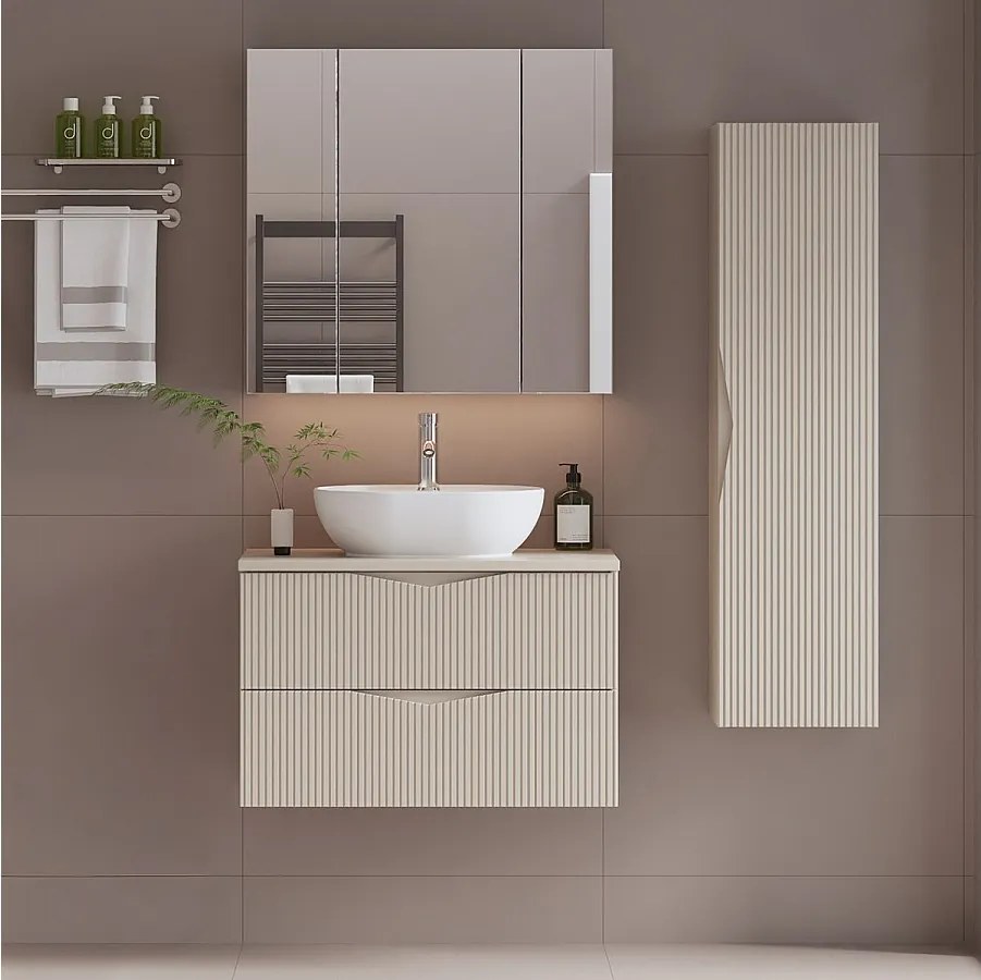 Zestaw do Łazienki 80cm Szafka z Blatem Umywalka Słupek Ryflowane Fronty Beż Piaskowy Cleo