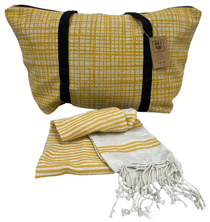 Stylowy komplet torba plażowa + ręcznik HAMAM 75x150 cm ochra żółta