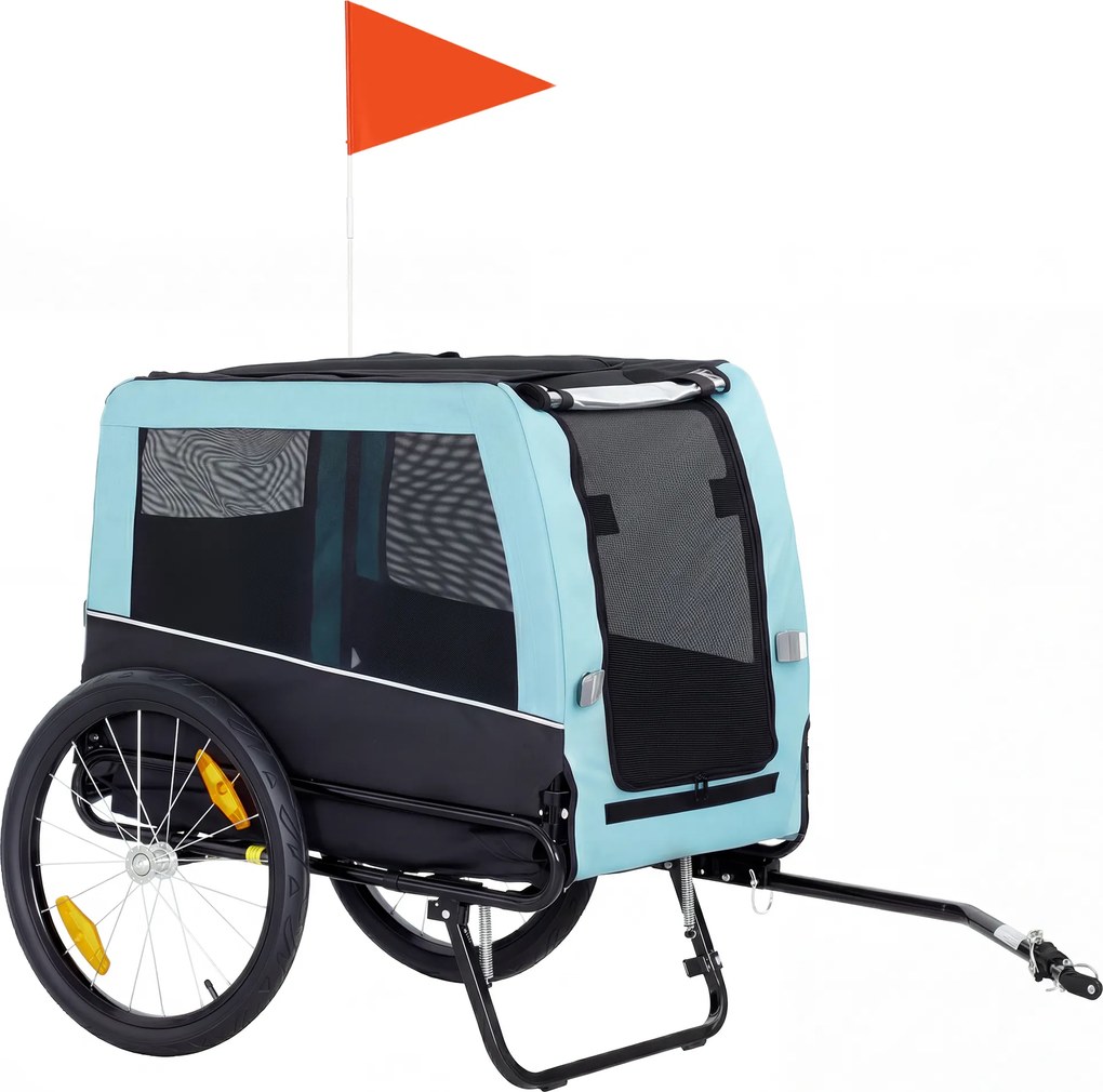PawHut Składana przyczepka rowerowa z odblaskami, smyczą, dla średnich psów do 20 kg, 143 x 70 x 90 cm, jasnoniebieska | Aosom PL