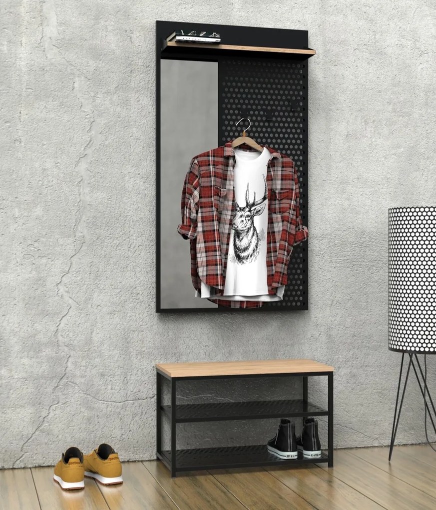 Szeroki wieszak ścienny z półką i lustrem Loft LL2 czarny/dąb wotan