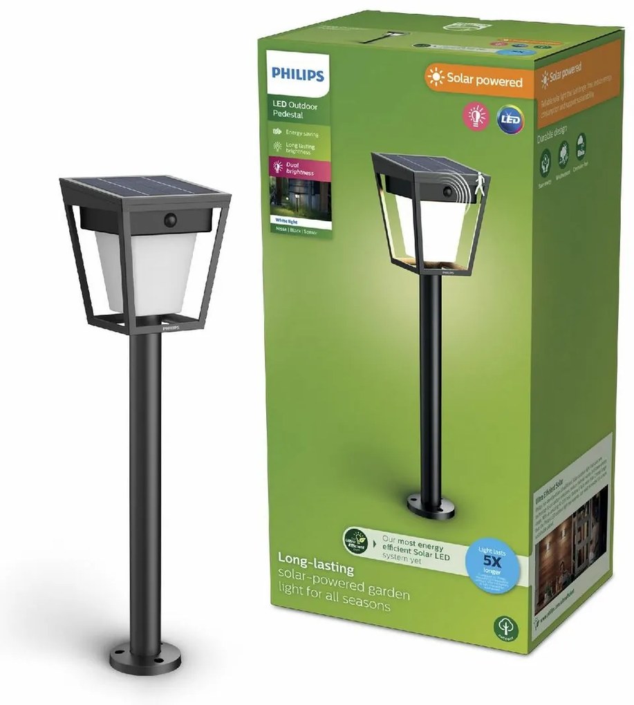Philips Nissa UltraEfficient słupek solarny LED,czujnik, czarny, 1,8 W, 250/25 lm, 3000 K