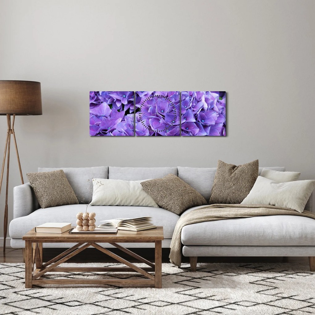 Obraz fioletowych kwiatów (z zegarem) (90x30 cm)