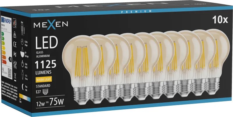 Mexen Vintis 10x żarówka filament LED E27, A60, 12W, Ciepła - 2700K, 1125 lm, amber - L150-E27-1227-50x10