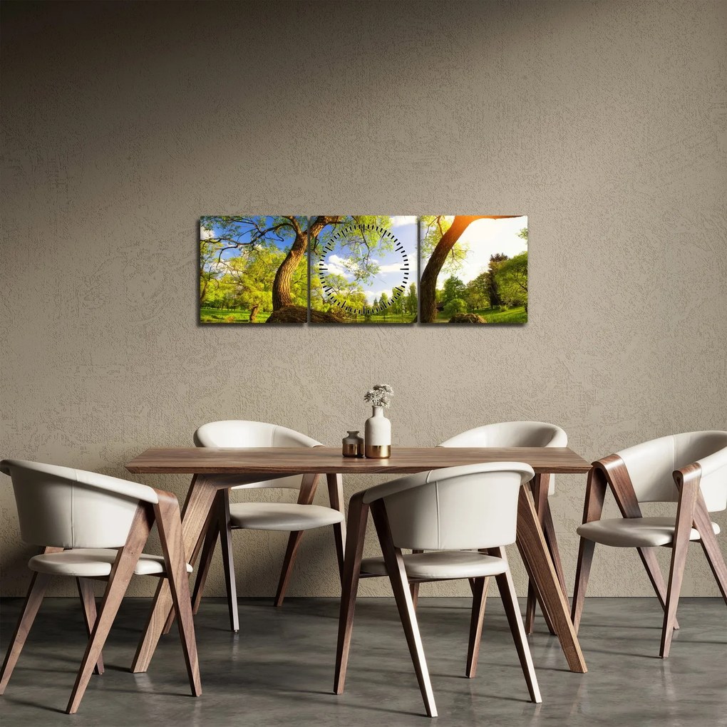 Obraz wiosennej łąki (z zegarem) (90x30 cm)
