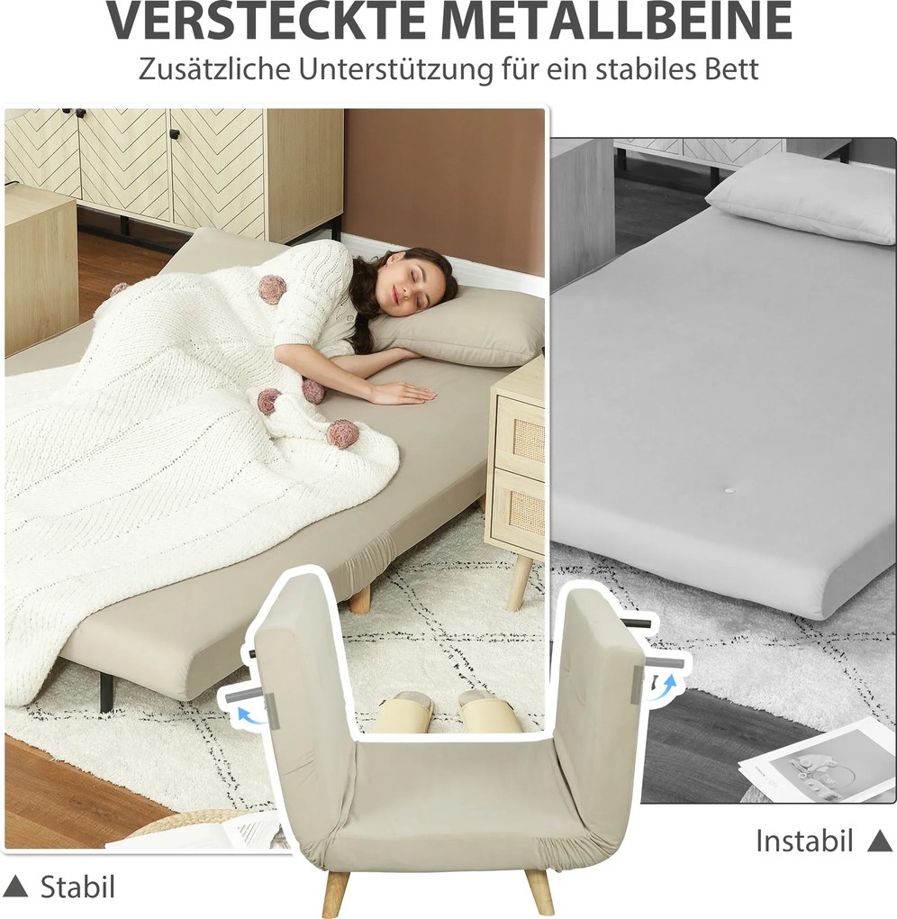 HOMCOM Relaksacyjna Sofa z Funkcją Spania, w zestawie 2 Poduszki, Wygląd Aksamitu, 130 x 78 x 79 cm, Beżowa