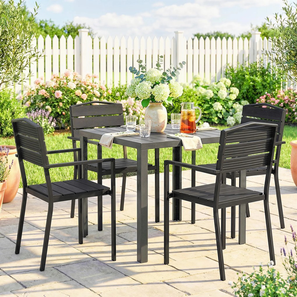 Outsunny Krzesła ogrodowe 4 szt. Sztaplowane krzesła tarasowe z lamelowym designem i podłokietnikami 52 x 51 x 90 cm Czarny | Aosom PL