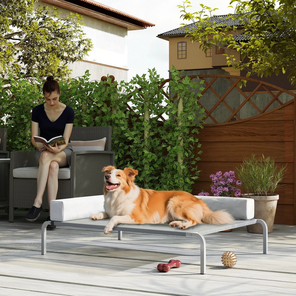 PawHut Leżanka dla psów na zewnątrz, Podniesione łóżko dla średnich psów, z L-kształtną poduszką 110x75x30cm, Jasnoszary