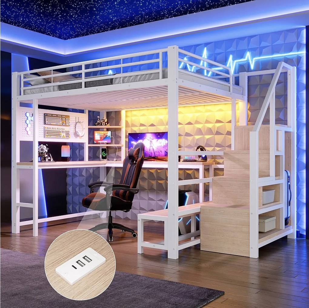 Łóżko piętrowe 140 x 200 cm z biurkiem, ścianką perforowaną, półkami, oświetleniem LED i portami USB/USB-C - Metal + MDF - Białe (Materac nie jest wliczony w cenę)