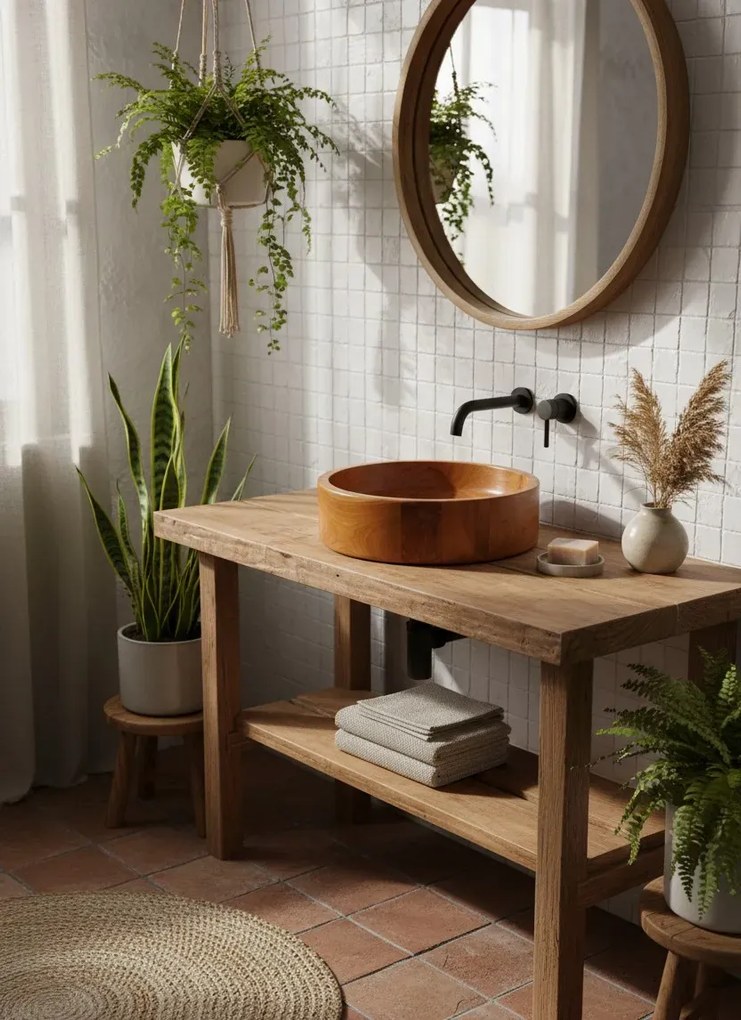 Okrągła umywalka nablatowa z drewna tekowego T4-B36