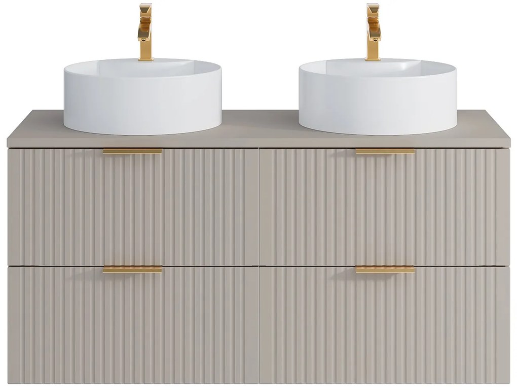 Szafka łazienkowa wisząca  ryflowana z dwoma okrągłymi umywalkami nablatowymi - Beżowy - szer. 120 cm - ZEVARA