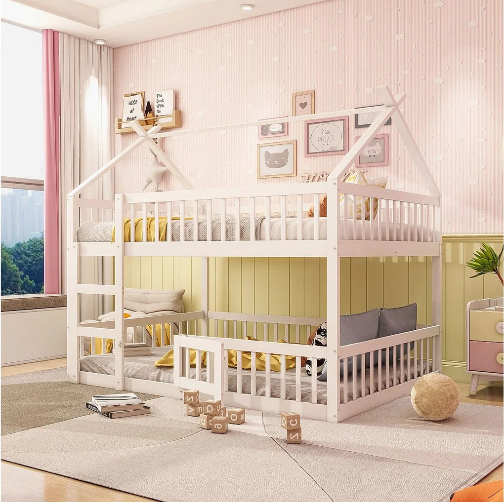 Łóżko piętrowe 140 x 200 cm - Łóżko dziecięce ze schodami i barierkami - Dolne łóżko piętrowe z drzwiami - Białe drewno