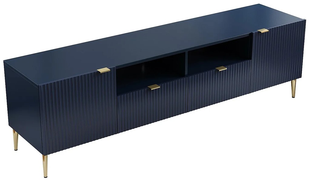 Szafka RTV z 2 drzwiczkami, 2 szufladami i 2 półkami z MDF i stali - Niebieski i złoty - YESINIA