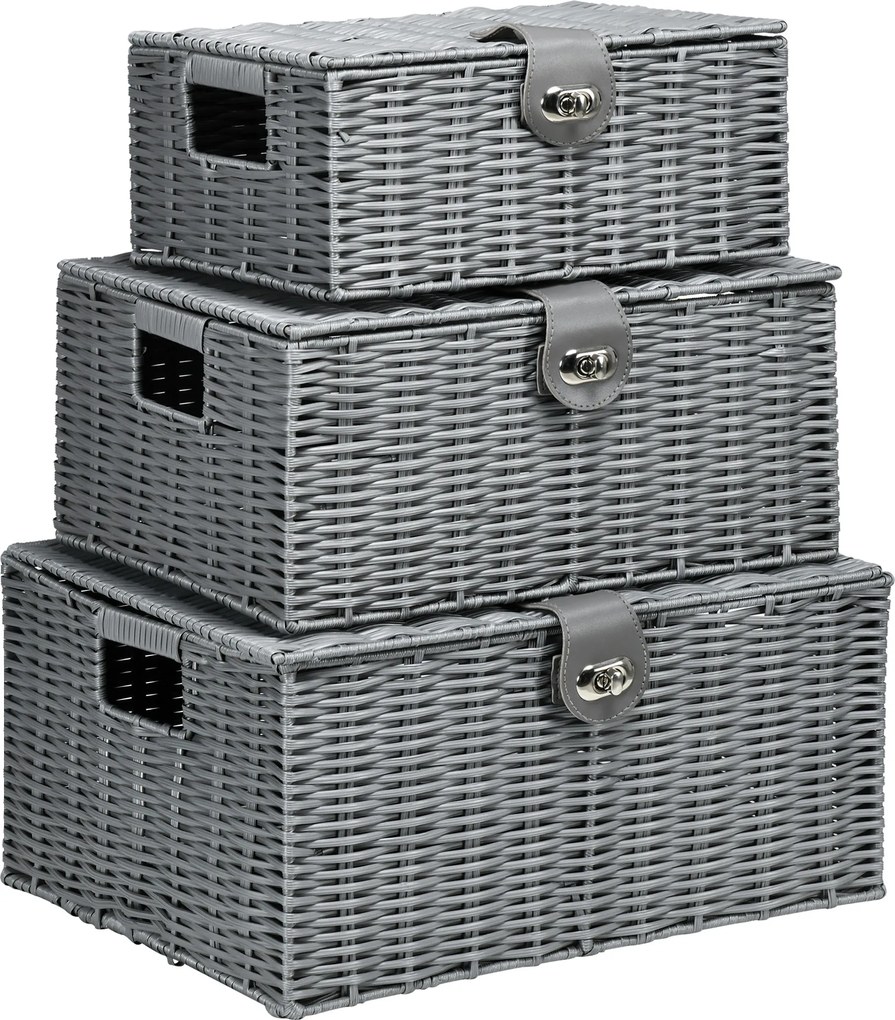 HOMCOM Zestaw 3 koszy do przechowywania z PE-Rattanu Szare z zapięciem i uchwytami 355x285x18cm | Aosom PL