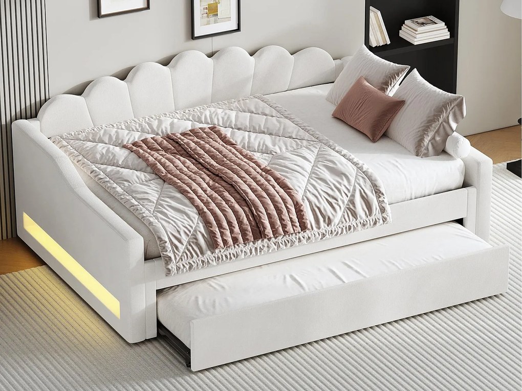 Łóżko piętrowe 140×200 cm - z taśmą LED - z łóżkiem listwowym - MDF+len - beżowa