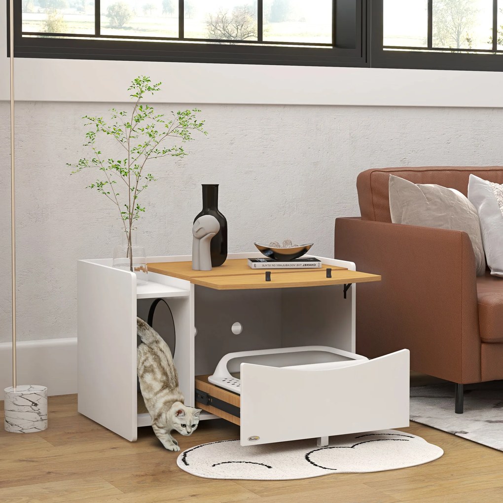 PawHut Kuweta w szafce, z wyjmowanym pojemnikiem na żwirek, 78x50x51cm, Dąb/Biały