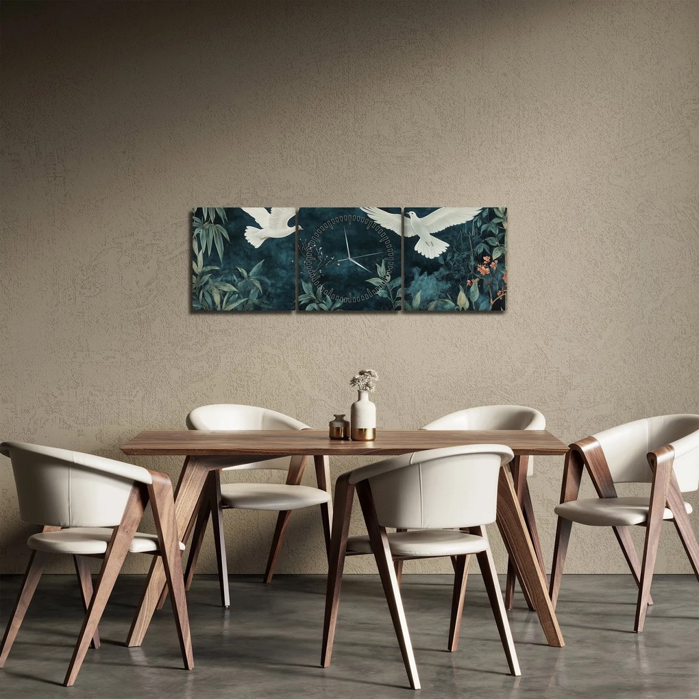 Obraz - Dwa gołębie (z zegarem) (90x30 cm)