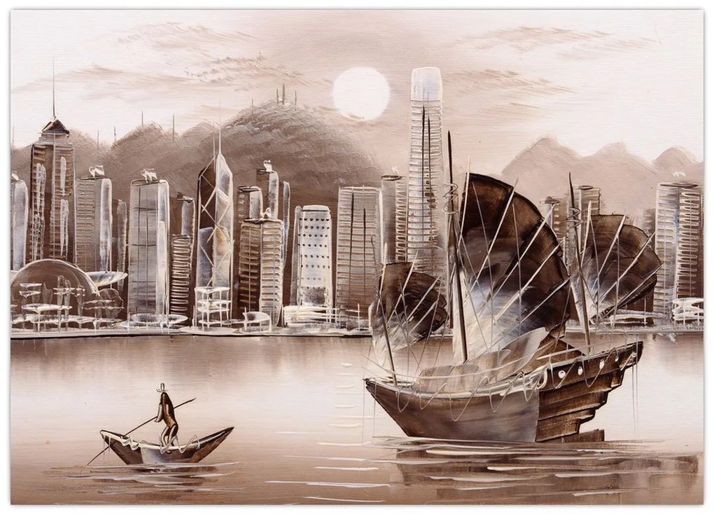 Obraz na szkle - Victoria Harbor, Hongkong, efekt sepii (70x50 cm)