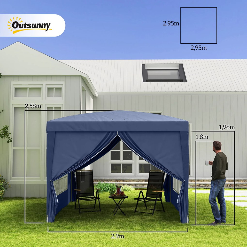 Outsunny Pawilon, Namiot imprezowy, 4 odłączne ściany boczne, 2 okna, Rama metalowa, 2,95 x 2,95 m, Niebieski