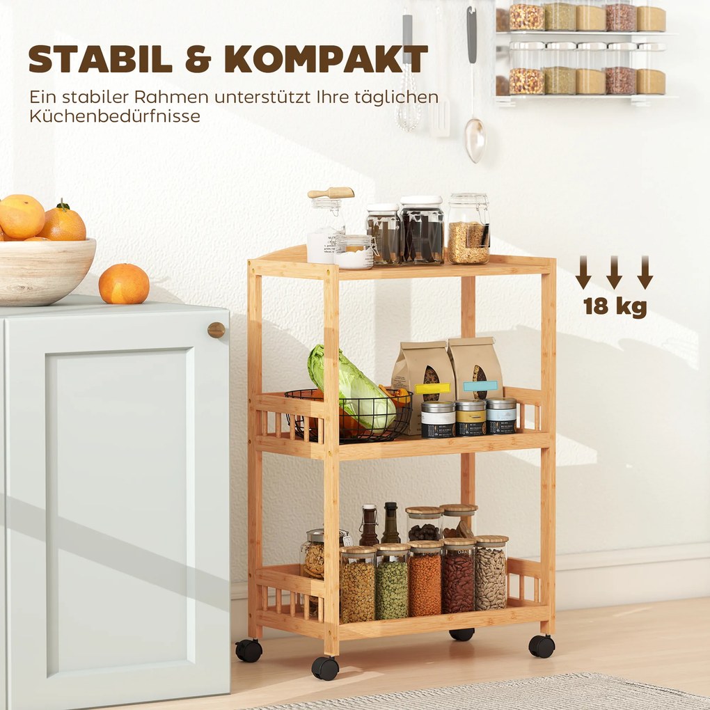 HOMCOM Wózek kuchenny na kółkach z 3 poziomami, wózek serwisowy z miejscem do przechowywania, regał kuchenny na kółkach, do kuchni, łazienki, biura, naturalne drewno | Aosom PL