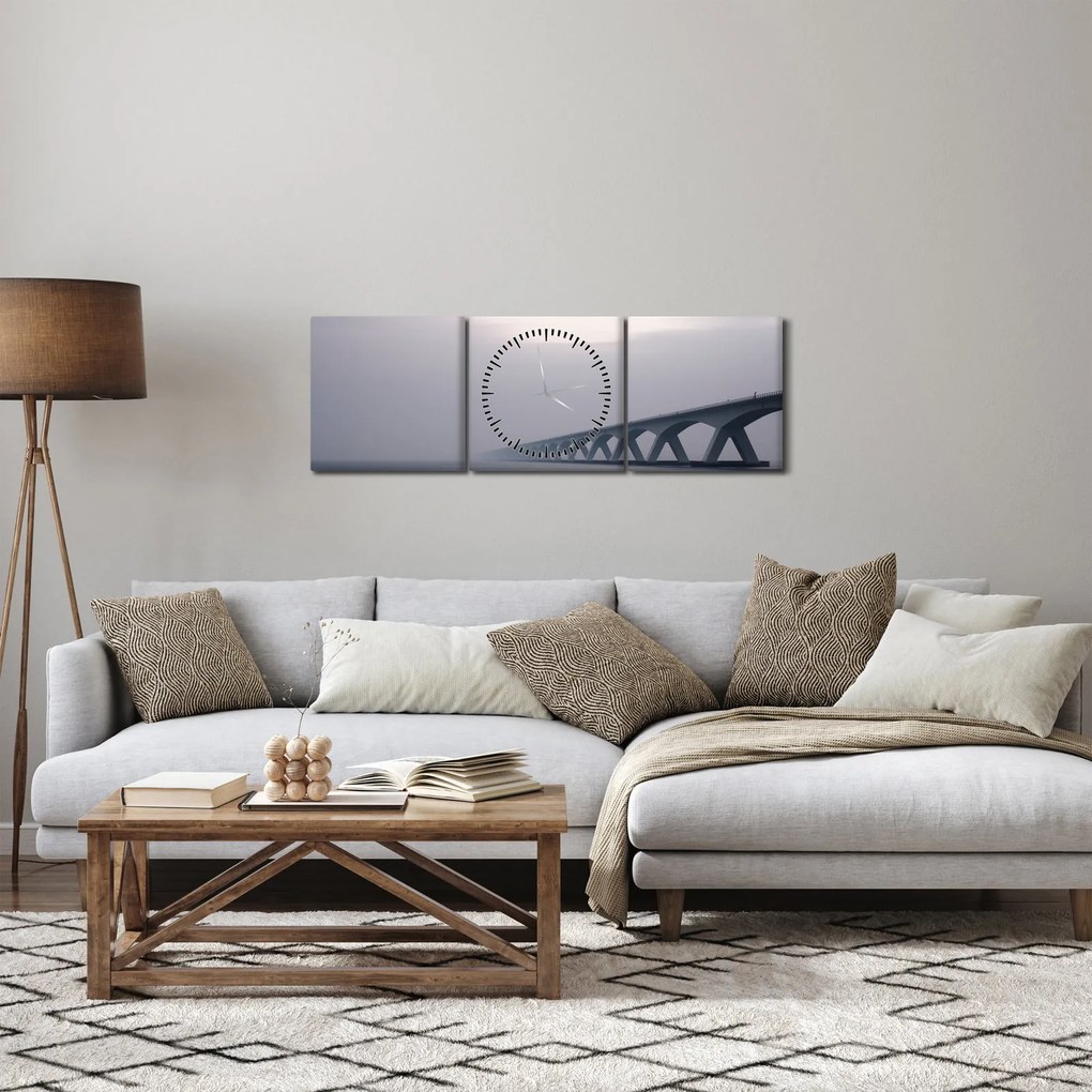 Obraz mostu we mgle (z zegarem) (90x30 cm)