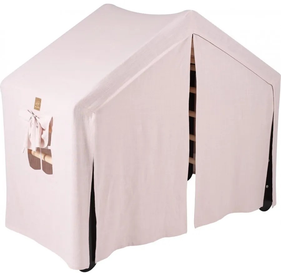 Duży domek z drabinką dla dzieci 112x61x94 cm składaną do pokoju. drewno, len, wiskoza, różowy domek, czarna drabinka. - meowbaby®