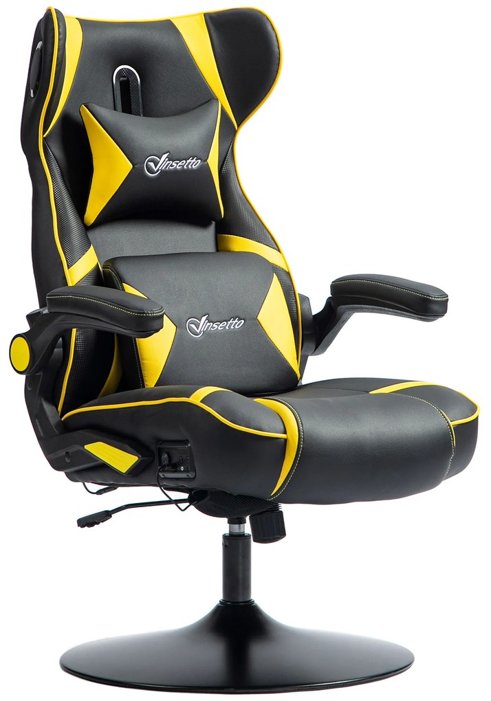 Vinsetto Fotel Gamingowy z funkcją bujania i głośnikami, wsparciem lędźwiowym i nakładką na kark, do pokoju gracza, Skóra Ekologiczna, Żółty+Czarny