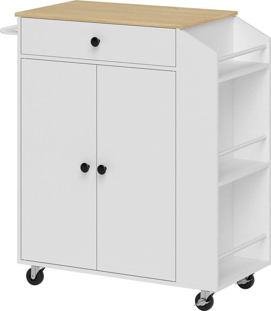 HOMCOM Wózek Kuchenny z Szufladą, Szafką, Półką na Przyprawy, Uchwytem na Ręcznik, 82 x 38 x 86,5 cm, Biały/Dąb