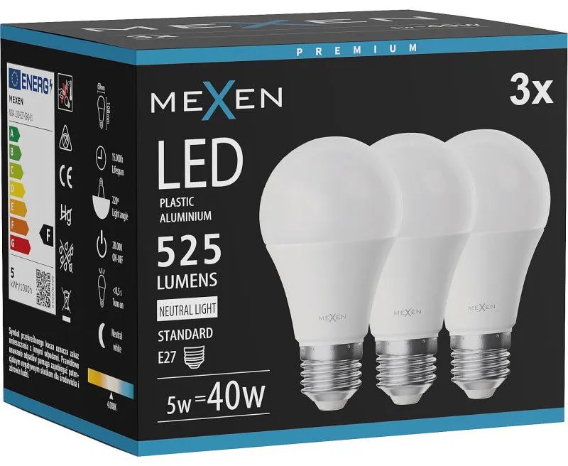 Mexen Nova 3x żarówka LED E27, A60, 5W, Neutralna - 4000K, 525 lm - L100-E27-0540-01x03