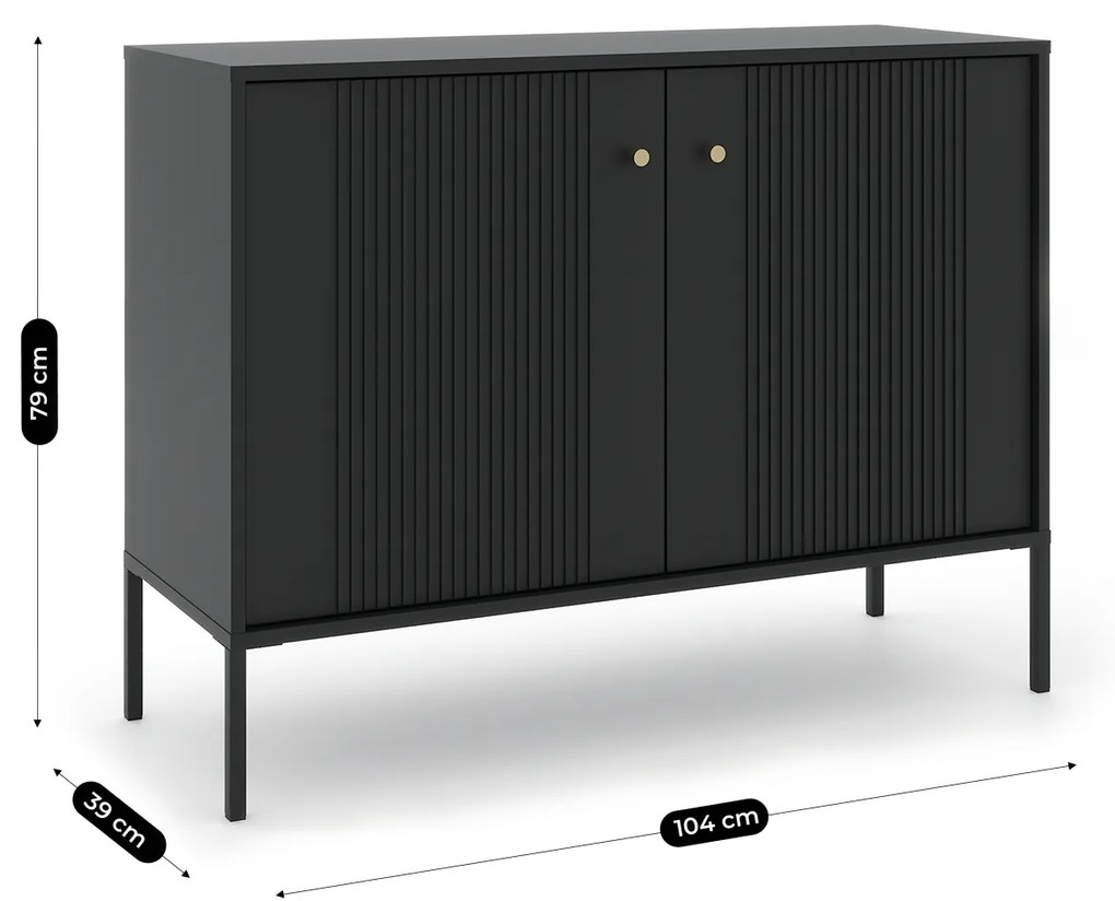 Komoda do Salonu Sypialni SOFT 104 cm Czarna Ryflowana Dwudrzwiowa Nowoczesna