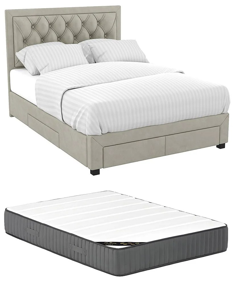 Łóżko z szufladami 140 × 190 cm – Tkanina welurowa beżowa + Materac – LEOPOLD