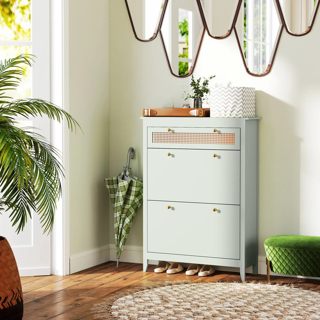 HOMCOM Szafka na 12 par butów z 1 wysuwaną szufladą, 2 klapowanymi szufladami, Komoda na buty, 88 x 30 x 120 cm, Zielony