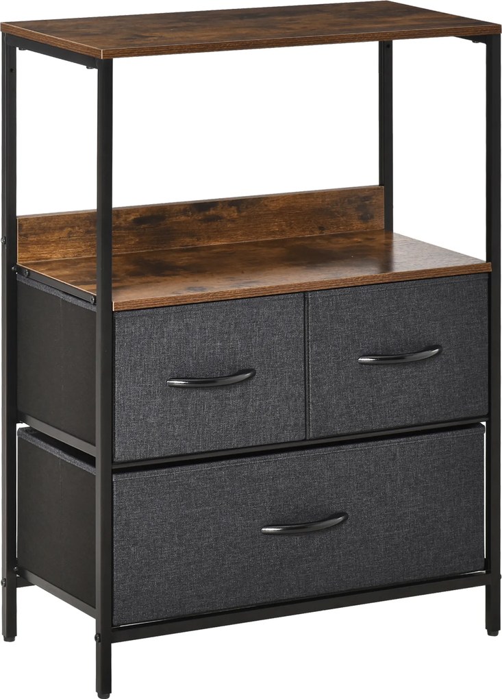 HOMCOM Czarna komoda z 3 szufladami lnianymi i półkami z uchwytami