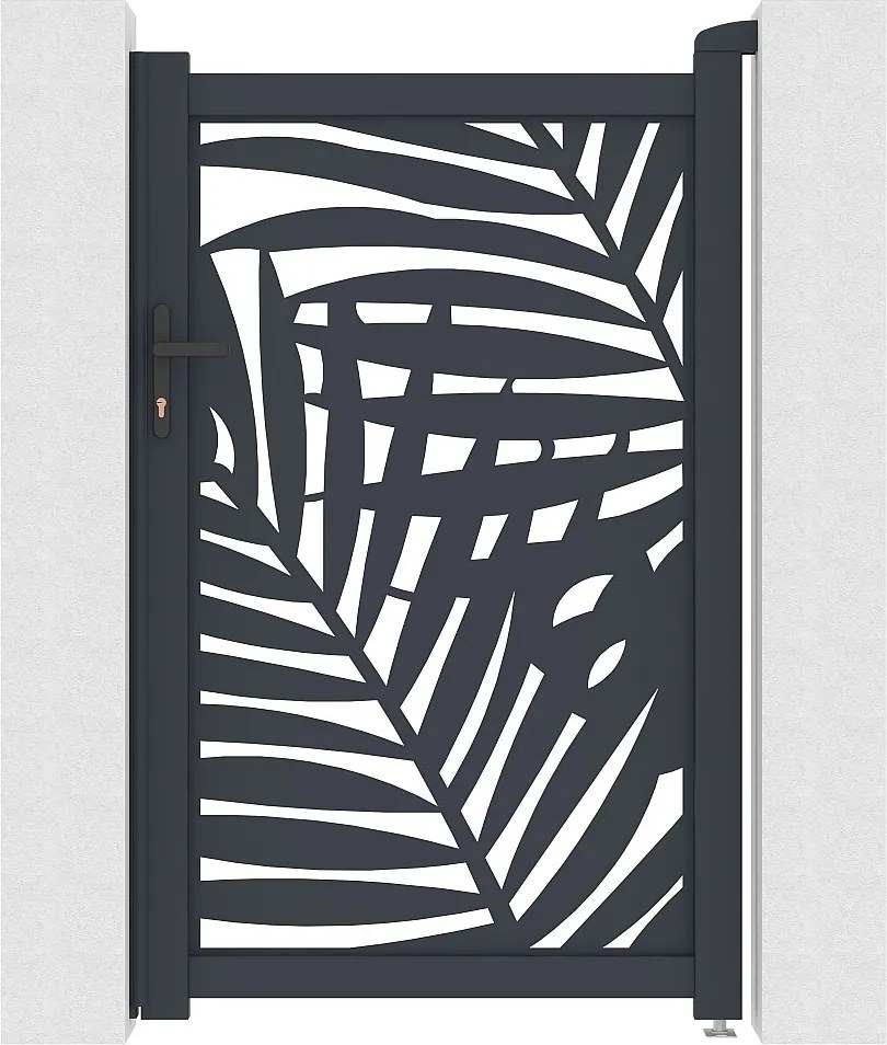 Furtka skrzydłowa z aluminium z motywem tropikalnym wyciętym laserowo – szer. 103 x wys. 166 cm – antracyt – TOGIRO