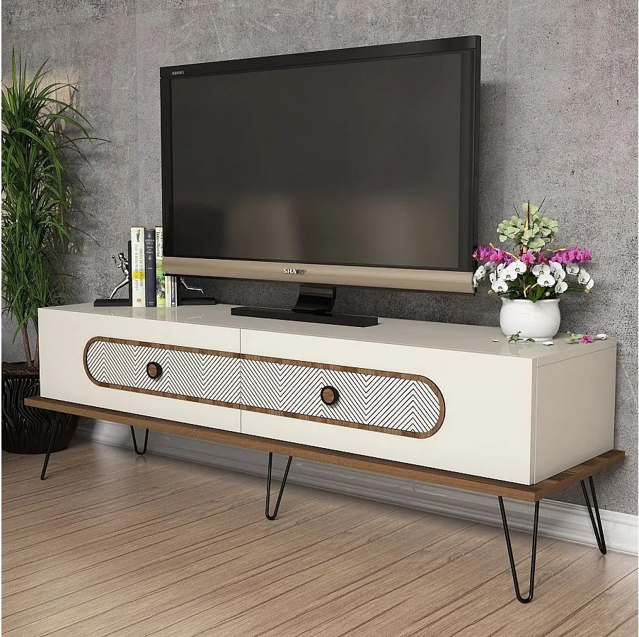 Nowoczesna szafka RTV – 145 x 45 x 40 cm – kolor kremowy – płyta wiórowa pokryta melaminą