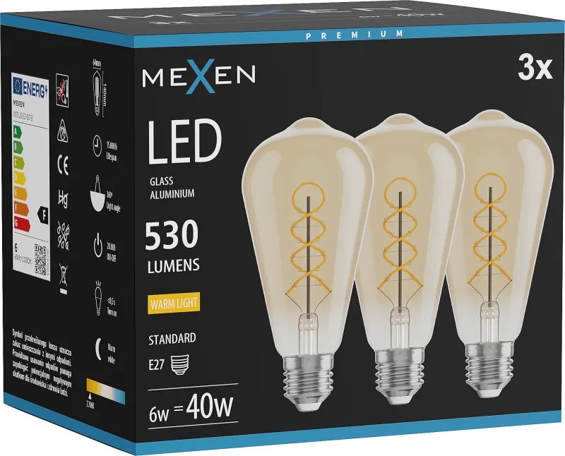Mexen Vintis 3x żarówka filament spirala LED E27, ST64, 6W, Ciepła - 2700K, 530 lm, amber - L162-E27-0627-50x03