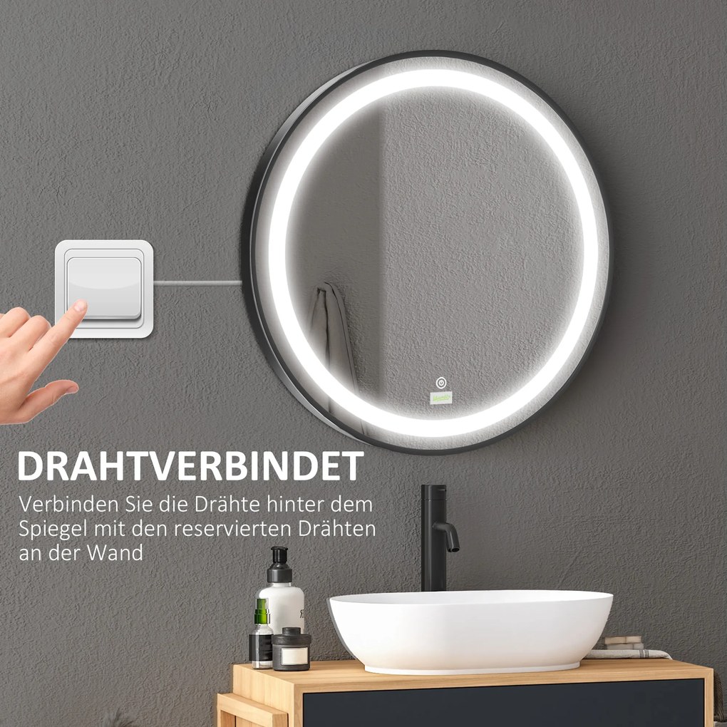 kleankin Lustro Łazienkowe z Oświetleniem LED, Regulowana Jasność, 3 Kolory Światła, Metalowa Rama, Ø60 cm, Czarne