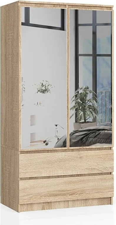 Szafa AKORD S90 Dąb Sonoma 90 cm z lustrem 2 drzwi 2 szuflady kolor Dąb Sonoma mat 4 półki 90x51x180 cm