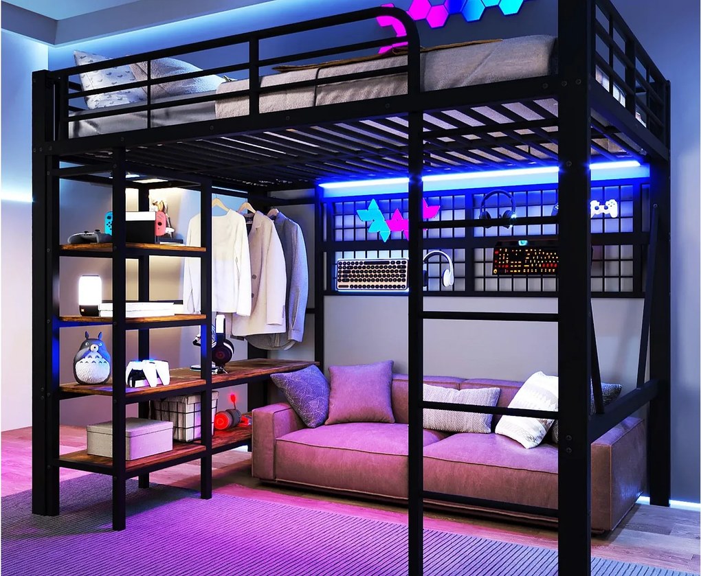 Łóżko na antresoli 140x200 cm - Konstrukcja stalowa - z przegródkami do przechowywania - z oświetleniem LED - Czarny​ (materac nie jest wliczony w cenę)