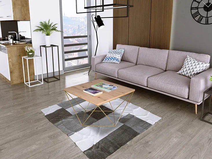 Minimalistyczny stolik kawowy dąb artisan + złoty P8-D52