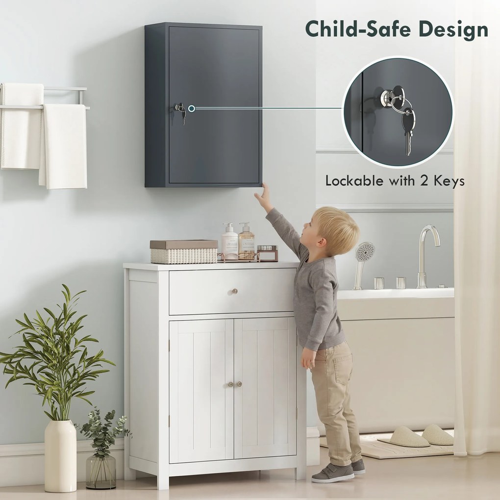 kleankin Wisząca szafka na leki, szafka łazienkowa z 3 półkami, 2 kluczami, 40 x 18 x 60 cm, szary | Aosom PL