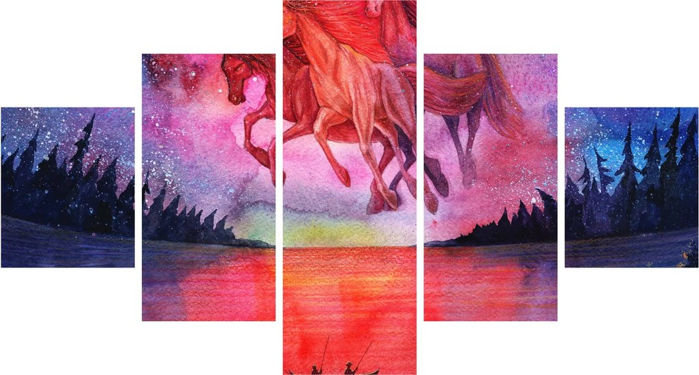 Obraz - Pojawienie się kosmicznych koni nad jeziorem, akwarela (125x70 cm)