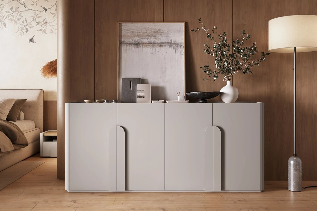 Komoda Amilio 200 cm czterodrzwiowa - kaszmir / dąb olejowany / uchwyty kaszmir