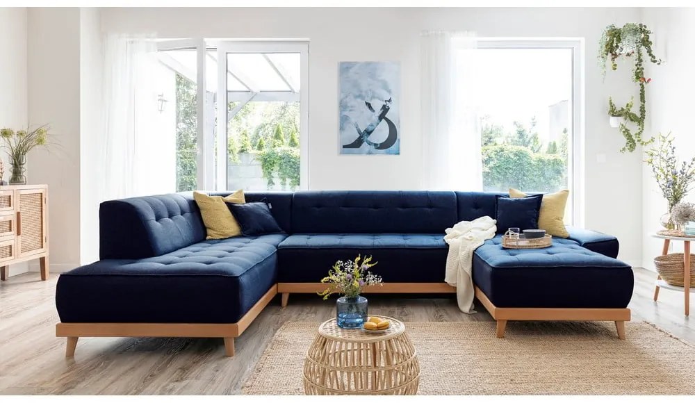 Granatowa rozkładana sofa w kształcie litery "U" Miuform Dazzling Daisy, lewostronna