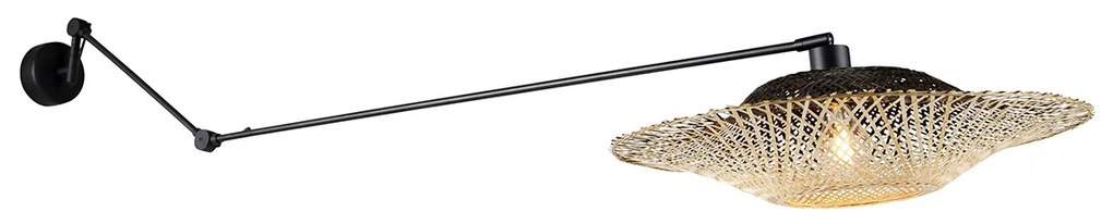 Lampa ścienna czarna z abażurem z rattanu 50 cm regulowana - BlitzKolonialny Oswietlenie wewnetrzne